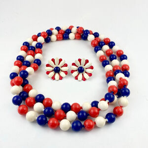 Vintage Red Blue White Pop Bead Necklace & Retro Flower Earrings Jewelry Lot